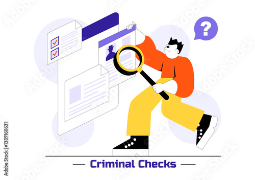 Criminal Checks Illustration Featuring Background Check for Recruitment, Criminal Record or Drug Test with Magnifier Inspecting Candidate Document