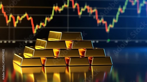 A stack of gold bars with a stock market graph in the background on a reflective surface
