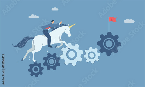 Businessman riding unicorn running up gear stairs, Unicorn business startup inspiration, Corporate growth symbol, Startup business idea, Flat vector design illustration.