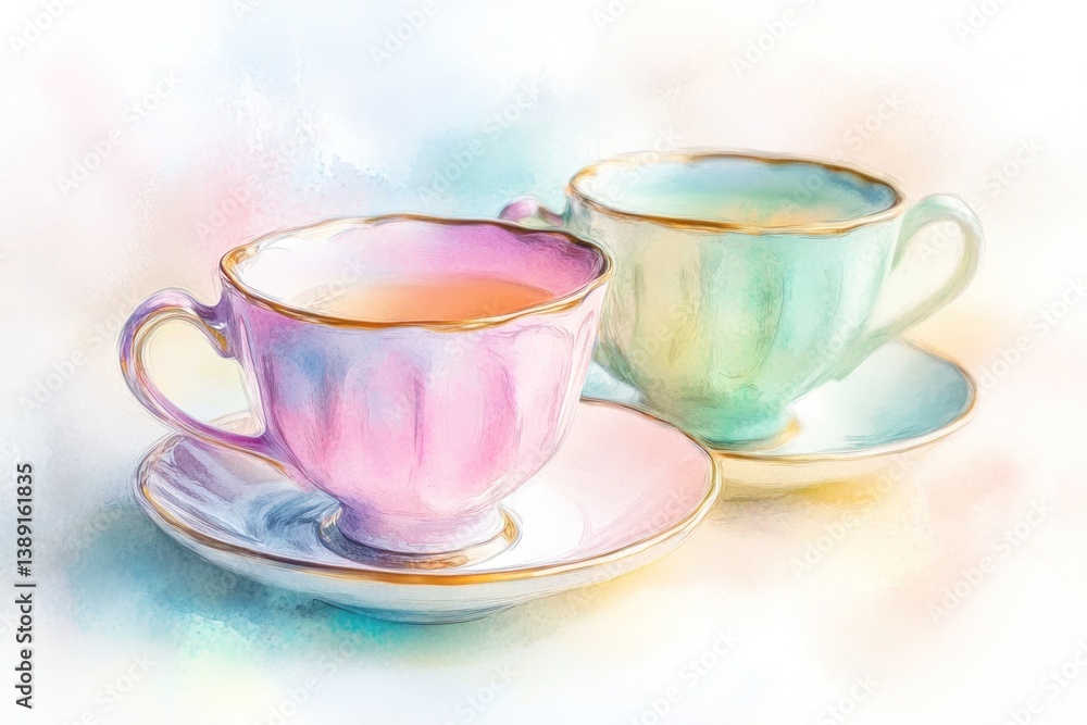 Two pastel colored teacups and saucers on a bright background Two pastel colored teacups and saucers on a bright background