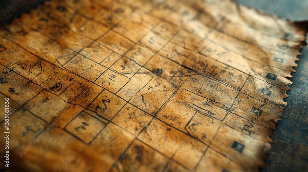Naklejka premium Aged gridded map on weathered parchment