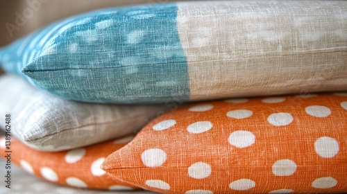 Stacked decorative pillows in various patterns and colors.