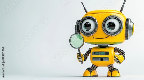 Friendly Robot Character Holding Magnifying Glass in Bright Colors