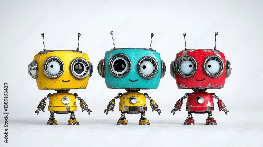 Fototapeta premium Three Colorful Cartoon Robots with Happy Expressions on White Background