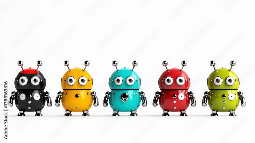 Obraz premium Colorful Robot Toys in a Row with Unique Features and Expressions