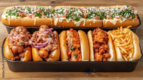 Variety of gourmet hot dogs in black trays.