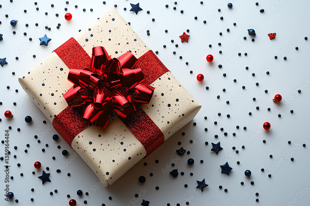 Obraz premium A beautifully wrapped gift box decorated with a red bow, surrounded by festive confetti in vibrant colors.