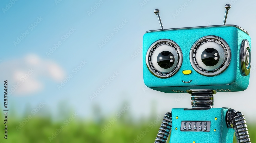 Fototapeta premium Cute Retro Robot Character with Big Eyes and Playful Expression