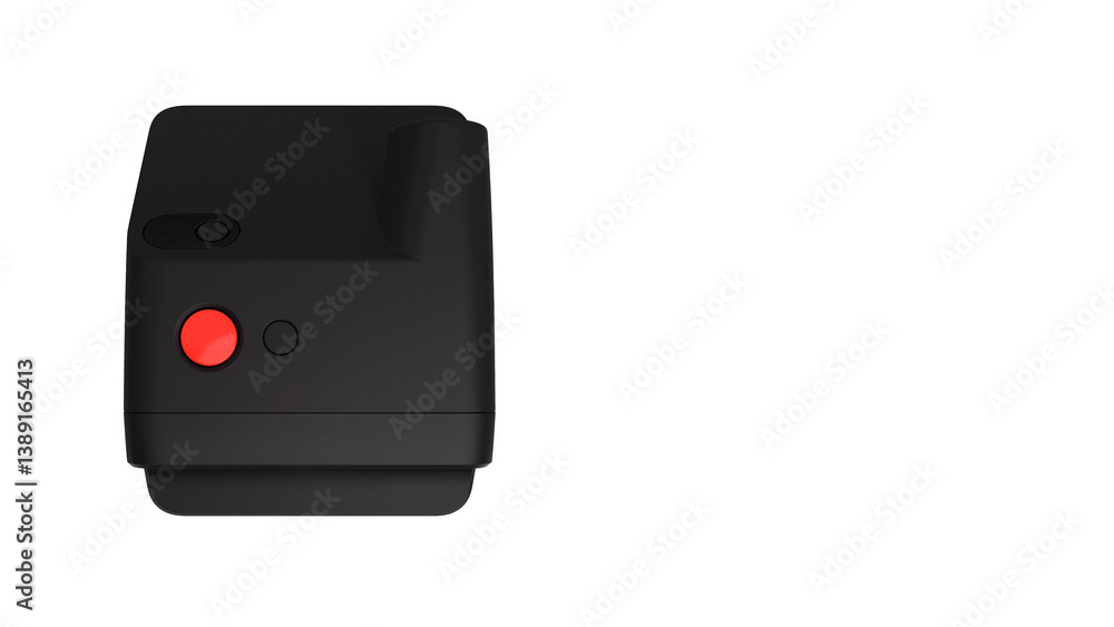 Top view closeup of black instant photographic camera on white copy-space background. Top view closeup of black instant photographic camera on white copy-space background.