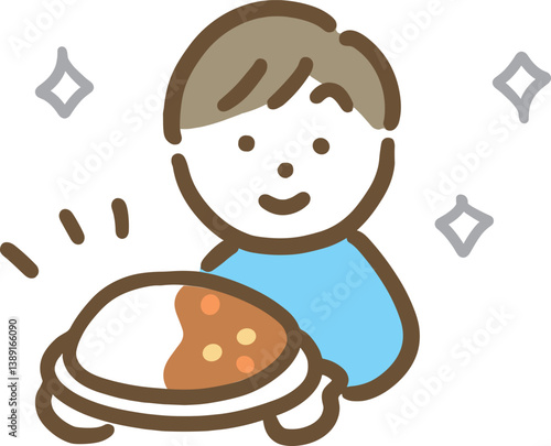 笑顔でカレーライスを持っている男性
