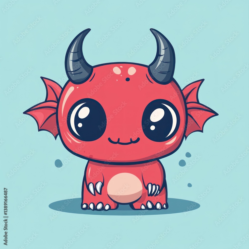 Fototapeta premium A cute red cartoon demon with big eyes and small wings
