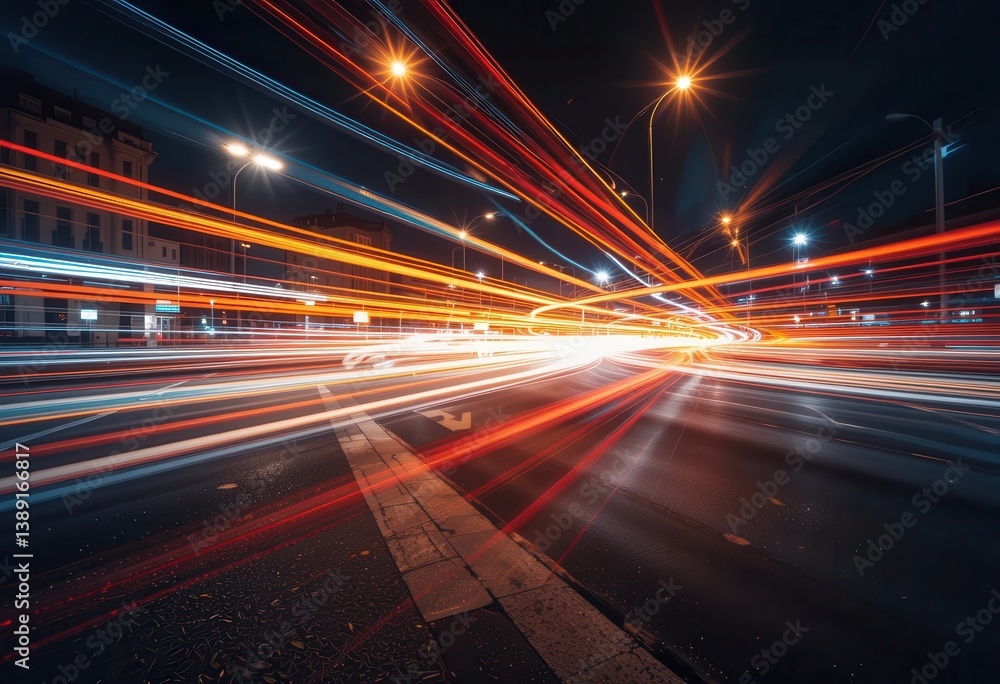 Nighttime city street illuminated by colorful light trails from vehicles Nighttime city street illuminated by colorful light trails from vehicles