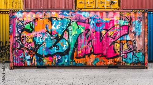 Colorful graffiti adorns a shipping container in an urban art space during daytime