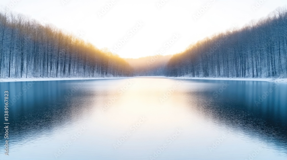 Fototapeta premium A serene lake reflects snow-covered trees at sunrise. The composition is symmetrical, with the trees lining either shore. The image is high-resolution, showcasing detail in the water and trees. The s