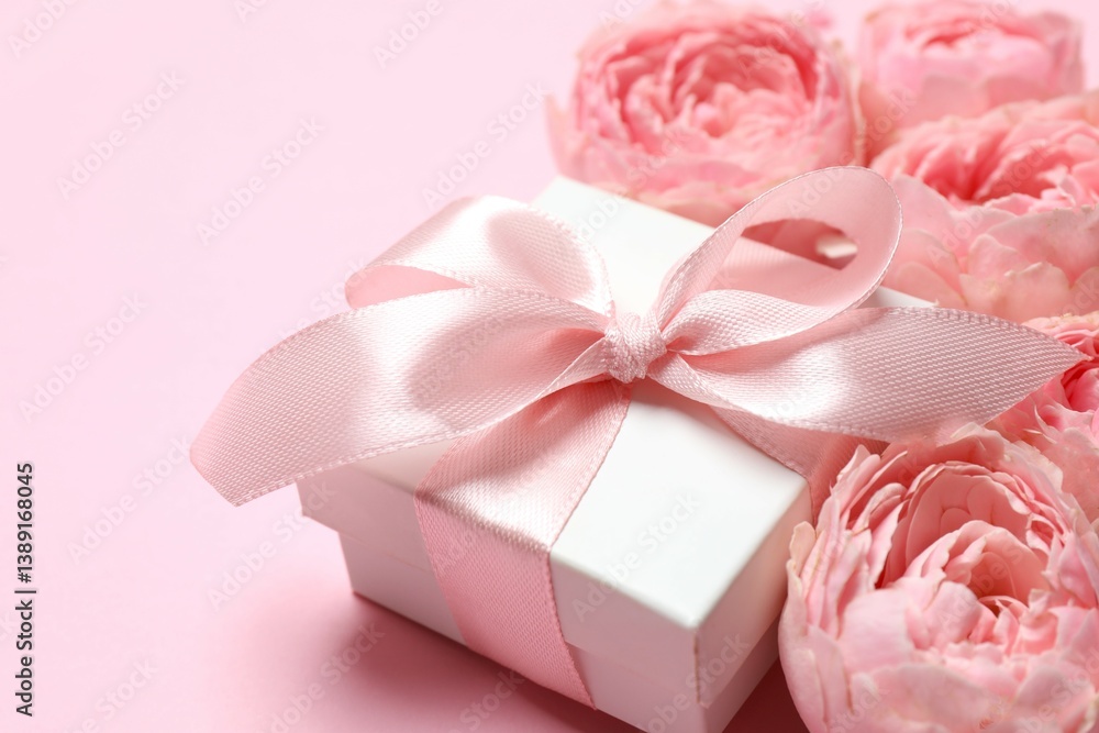 Beautiful pink peony roses and gift box on a color background Beautiful pink peony roses and gift box on a color background