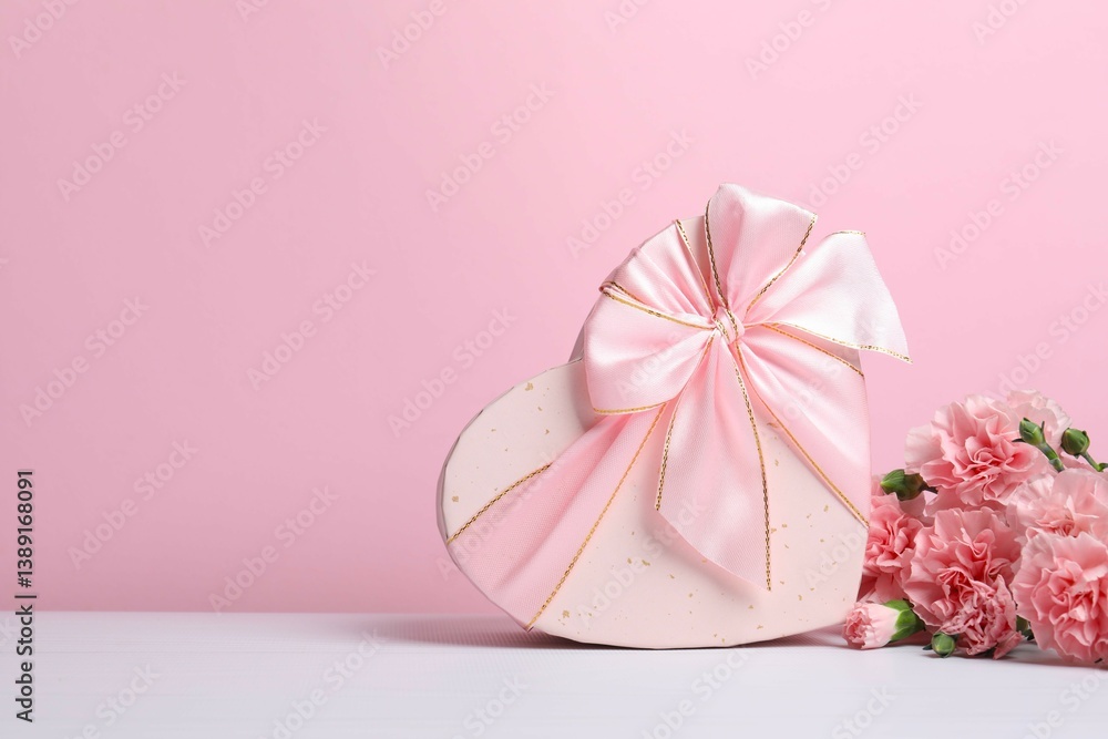 Happy Mother's Day. Beautiful bouquet of pink carnations with gift box Happy Mother's Day. Beautiful bouquet of pink carnations with gift box
