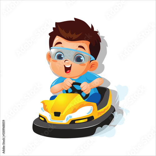 Cartoon illustration Kid rides bumper car isolated white background. Vector Illustration.
