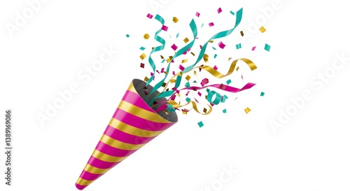 Exploding party popper with vibrant confetti and swirling streamers.