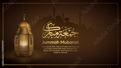 Jummah Mubarak Calligraphy with Lantern and Mosque Silhouette Arabic Style – Friday Blessings Illustration