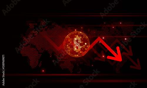 Financial chart with moving arrow graph Dollar Money go down cryptocurrency technology and world map in stock market on blue color background concept innovation background, vector design