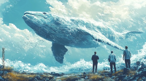 Three men gaze in awe at a giant whale floating amidst clouds above a rocky shore.