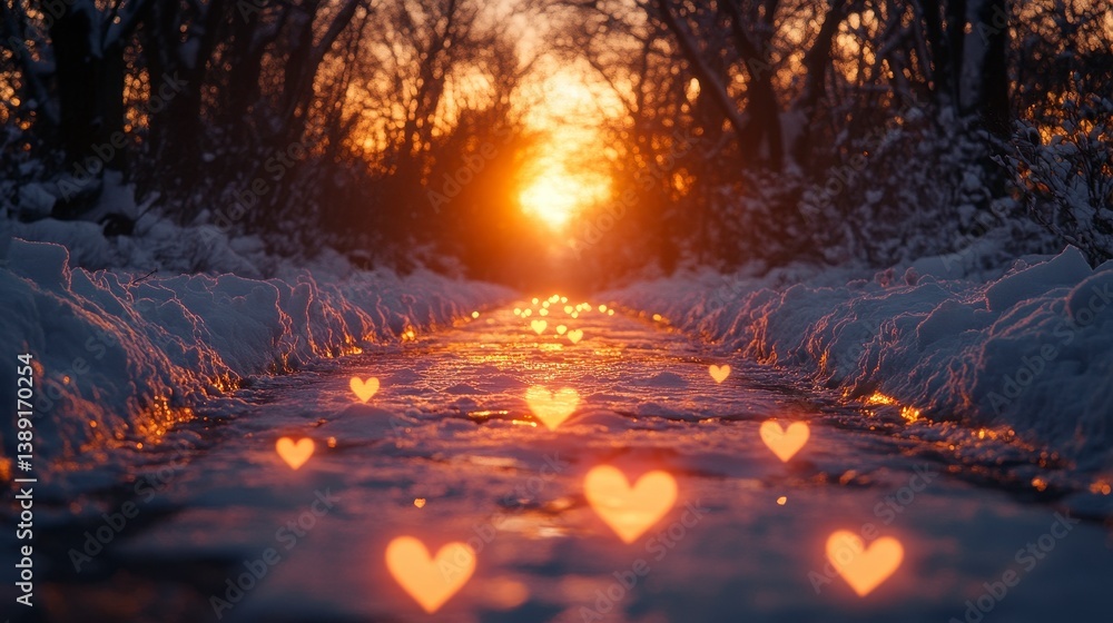 Snowy path at sunset with glowing hearts Snowy path at sunset with glowing hearts