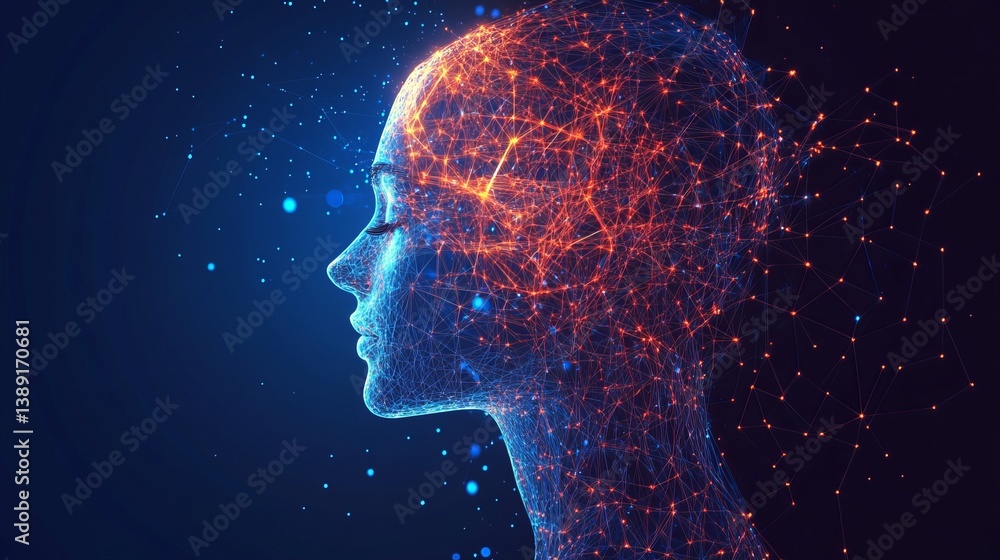 Abstract digital human head with glowing network connections on a dark blue background Abstract digital human head with glowing network connections on a dark blue background