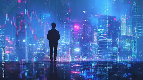 Digital Double Exposure of Forex Graph and Cityscape at Night