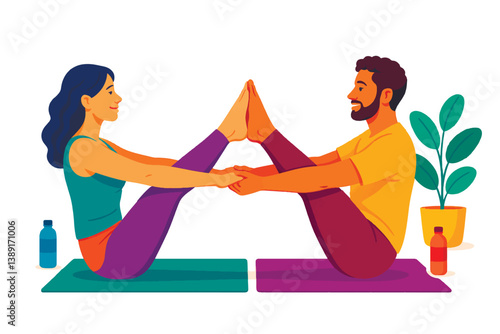 Partner Yoga. Couple in Boat Pose on White Background. A colorful vector illustration of a couple practicing partner yoga in Navasana Boat Pose. Isolated bright design. Man and woman.
