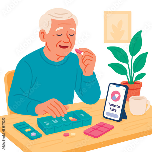 Smart Pill Organizer, Elderly Man Managing Medications with App. A bright vector illustration of an elderly man calmly organizing his medications at a table. Isolated design on white background.