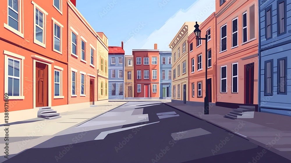 Fototapeta premium Colorful buildings line a sunny street.