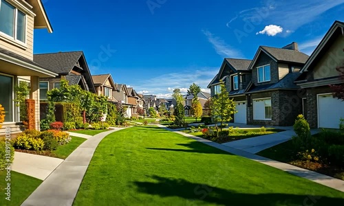 Serene suburban neighborhood with well-maintained lawns and vibrant gardens under a clear blue sky