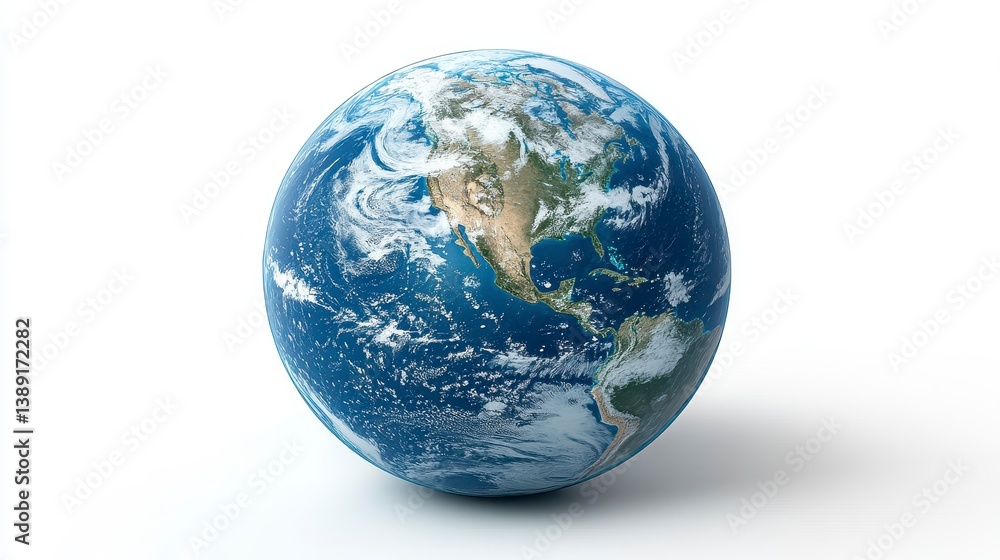 Earth globe with blue oceans, clouds, and green continents on white Earth globe with blue oceans, clouds, and green continents on white