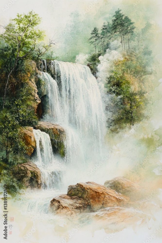 Obraz premium A majestic waterfall cascades down rocky cliffs amongst trees and green foliage