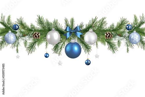 Festive Christmas Garland Illustration with Green Branches and Blue Ornaments