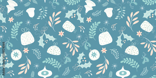 Christmas seamless pattern border, cosy festive foliage, gifts and baubles. Winter holiday modern design vector resource. 