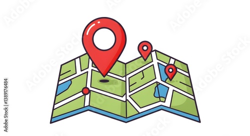 Colorful map illustration with multiple red location marker pins.