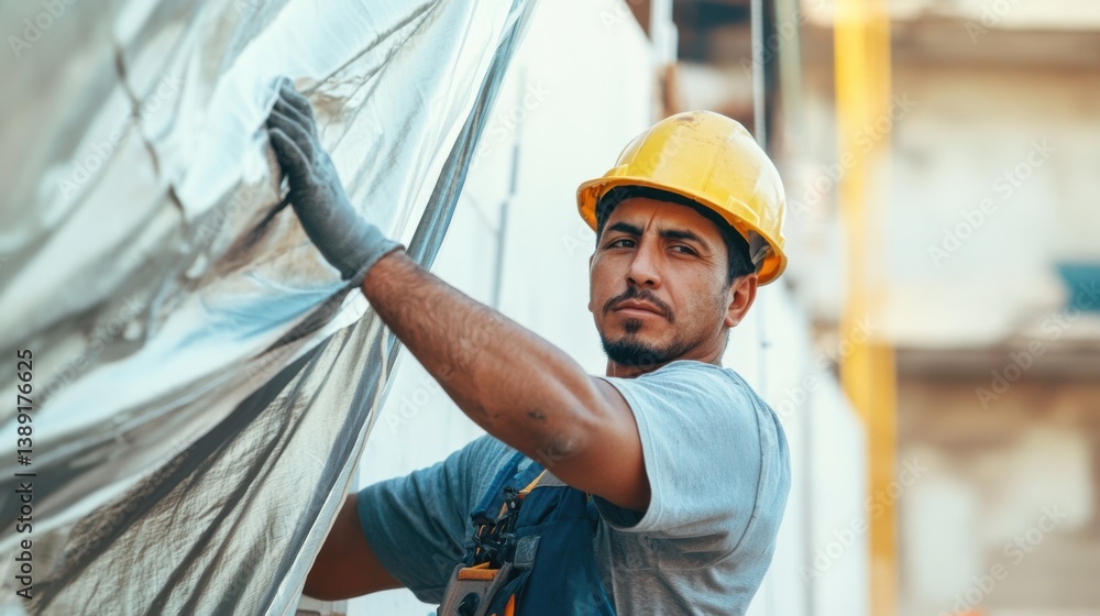 A Hispanic construction worker securing a tarp over construction materials. Featuring care and protection A Hispanic construction worker securing a tarp over construction materials. Featuring care and protection