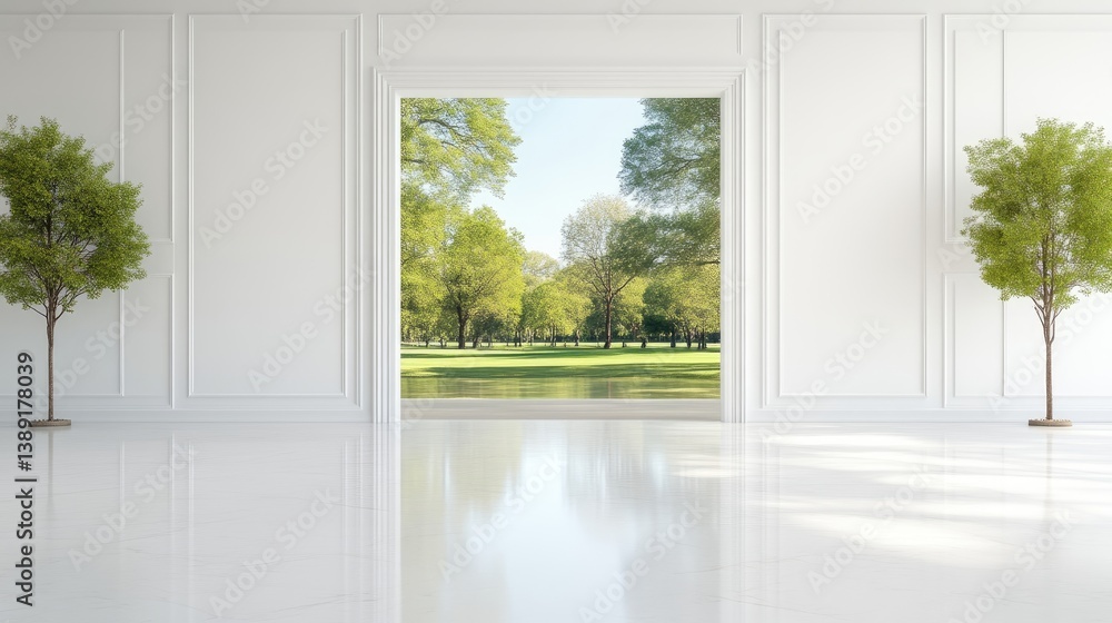 Fototapeta premium Spacious, bright interior with a view of a park