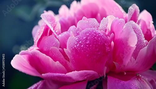 Wallpaper Mural ピンク色のシャクヤクが朝の光を受けて輝き、花びらに宿った細かな露が宝石のようにきらめく幻想的な朝の情景 Torontodigital.ca