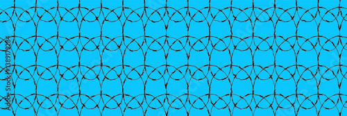 Spiral black barbwire on blue sky seamless bg. Razor wire as no entry security concept. Army camp. Jail fence. Vector illustration