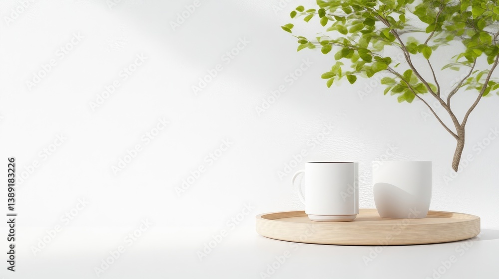Simple, minimalist, home decor scene with two white mugs and a small tree on a light wooden tray, bathed in natural light, creating a calm and serene atmosphere Simple, minimalist, home decor scene with two white mugs and a small tree on a light wooden tray, bathed in natural light, creating a calm and serene atmosphere