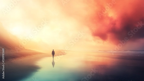 A serene beach scene with a person walking alone, capturing the feeling of solitude and mindfulness against a soft-focus background. pic
