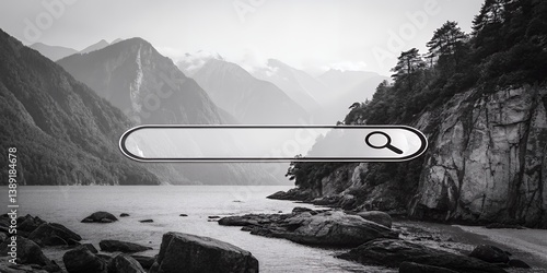 Minimalist black and white landscape with a search bar overlay.