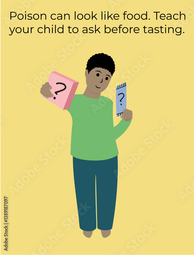 Boy holding a box with question mark. Teaching kids to ask before tasting to prevent accidental poisoning.