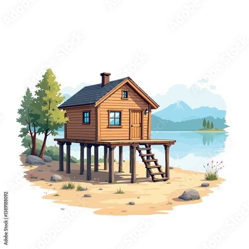 Vsai wooden cabin standing on pilings by a serene lake with mountains