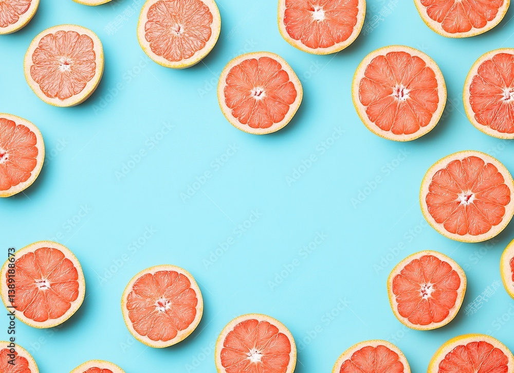 Grapefruit background, fresh grapefruits cut in half pattern, close up, top view. Flat lay of red grapefruit slices. Top-down composition with copy space for design or text.
