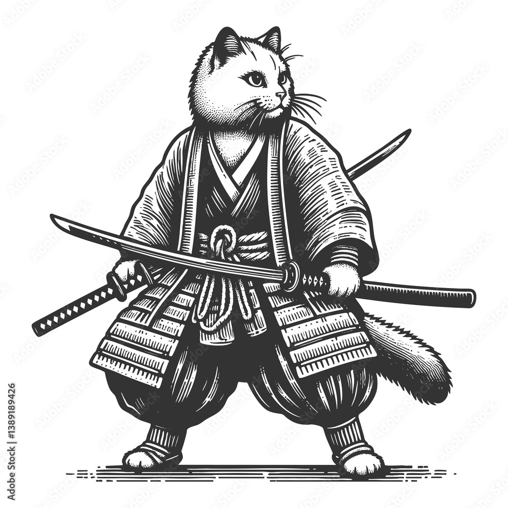Obraz premium samurai cat with katana sword raster illustration