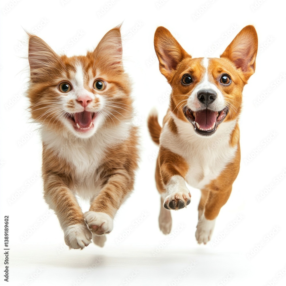 Obraz premium A happy kitten and dog jumping with joyful expressions together