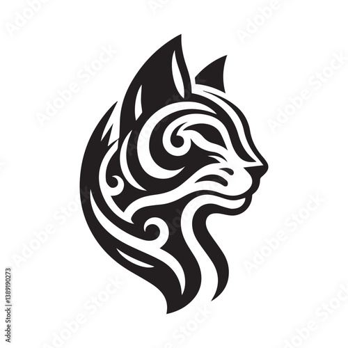 Tribal Cat Head Tattoo Design – Stylized Animal Silhouette in Black Ink
